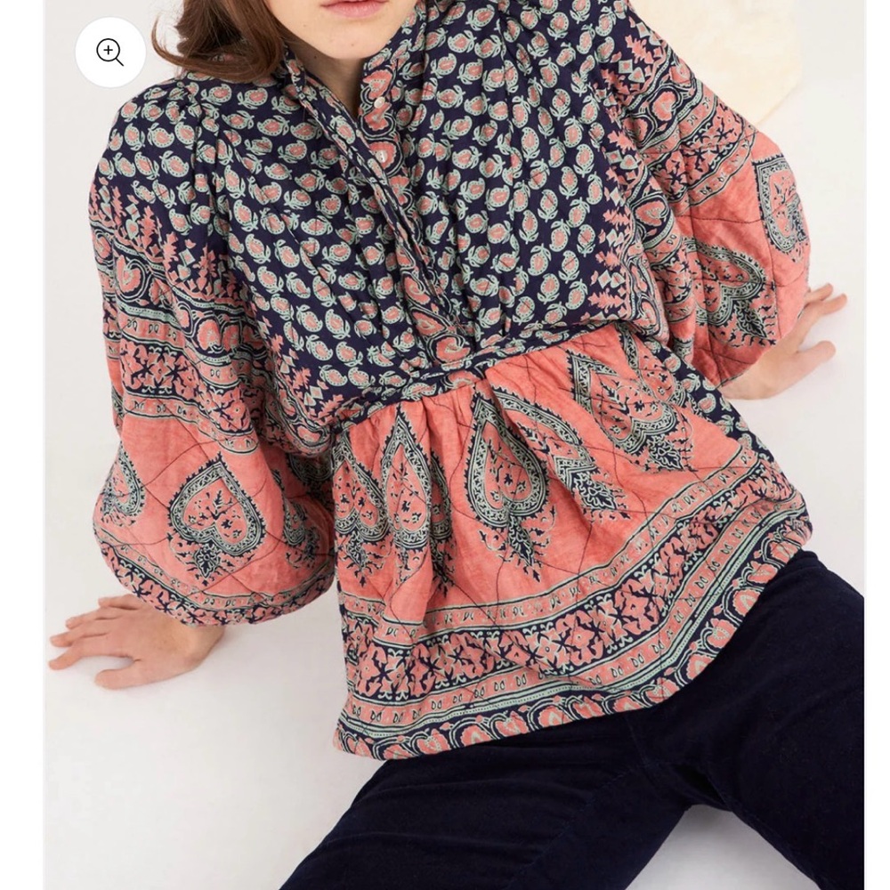 Antik Batik Quilted Navy and Coral Blouse size S/38